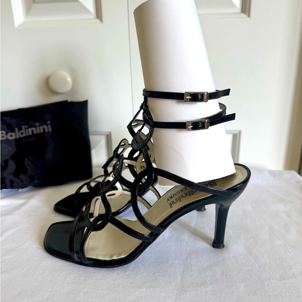 BALDININI Black Patent Leather Heels Sandals 7.5-8/38.5 EUC